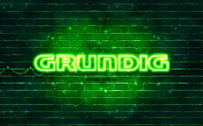 Grundig green logo, 4k, green brickwall, Grundig logo, brands, Grundig neon logo, Grundig