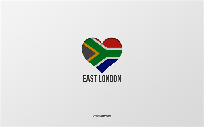 j aime east london, villes sud-africaines, day of east london, fond gris, east london, afrique du sud, coeur de drapeau sud-africain, villes pr&#233;f&#233;r&#233;es, love east london