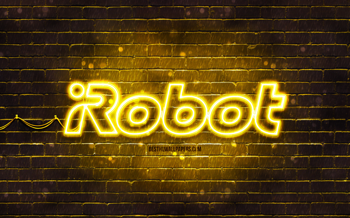 logotipo amarillo de irobot, 4k, pared de ladrillo amarillo, logotipo de irobot, marcas, logotipo de ne&#243;n de irobot, irobot