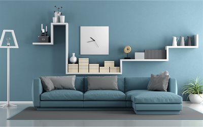 stylish interior design, living room, blue walls, modern interior, modern style, blue sofa