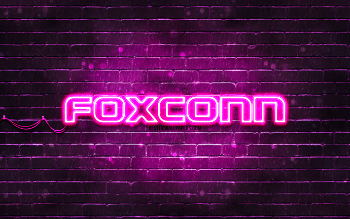 Foxconn purple logo, 4k, purple brickwall, Foxconn logo, brands, Foxconn neon logo, Foxconn