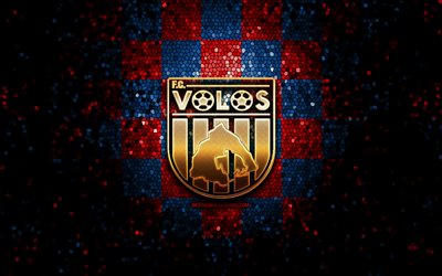 FC Volos, glitter logo, Super League Greece, red blue checkered background, soccer, greek football club, FC Volos logo, mosaic art, football, Volos FC