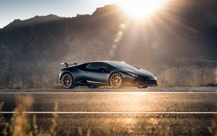 4k, Lamborghini Huracan, side view, exterior, evening, sunset, black Huracan, Huracan tuning, Italian sports cars, Lamborghini