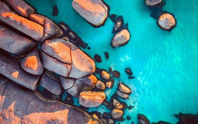 flygfoto, stenar, kust, bl&#229;tt vatten, sommar, hav, vacker natur, hdr, resekoncept