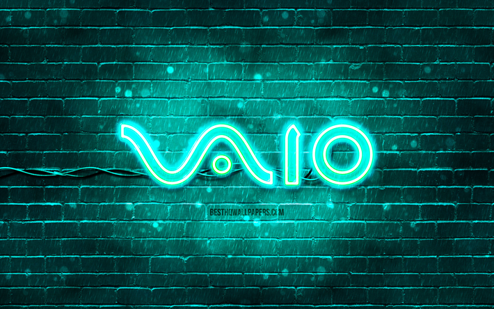 VAIO turquoise logo, 4k, turquoise brickwall, VAIO logo, brands, VAIO neon logo, VAIO, Sony VAIO