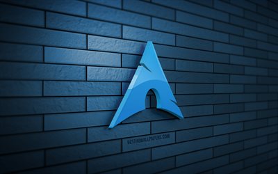 logotipo de arch linux 3d, 4k, pared de ladrillo azul, creativo, linux, logotipo de arch linux, arte 3d, arch linux
