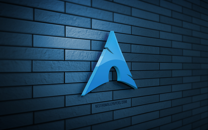 logo arch linux 3d, 4k, mur de brique bleu, cr&#233;atif, linux, logo arch linux, art 3d, arch linux