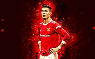 4k, Cristiano Ronaldo, close-up, Manchester United FC, football stars, CR7, Manchester United, Cristiano Ronaldo Manchester United, red neon lights, CR7 Man United, Cristiano Ronaldo 4K