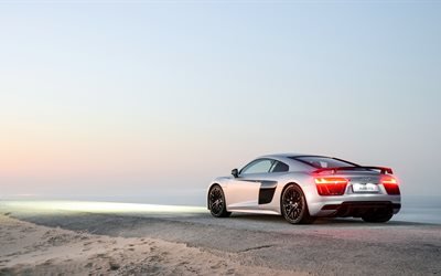 4k, Audi R8, coast, 2017 cars, lighthouse, sportcars, Audi