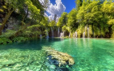 Croatia, waterfalls, summer, lake, forest, Plitvice Lakes National Park