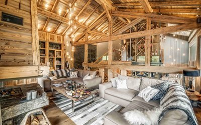 Chalet Interior, Ideas for interior, wood in interior, Chalet Living room, modern interior, hanging lanterns