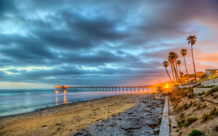 San Diego, pier, sea, coast, sunset, America, USA