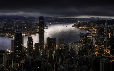 هونغ كونغ, ليلة, ناطحات السحاب, الصين, خليج الصدة ،, الوسطى والغربية
