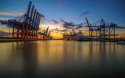 Hamburg, port, cranes, sunset, cargo ships, Germany