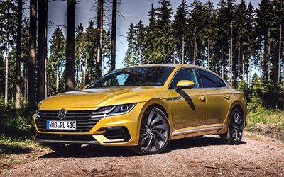 Volkswagen Arteon, offroad, 2018 cars, forest, yellow arteon, german cars, Volkswagen