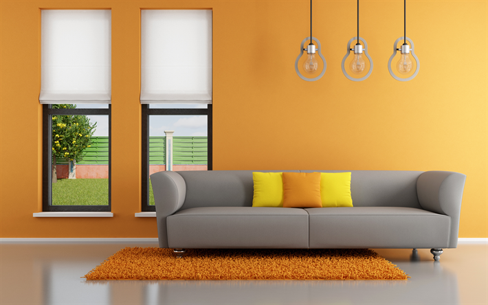 modern design, 4k, hallway, orange room, bulb lamps, gray sofa, modern apartment, interior idea