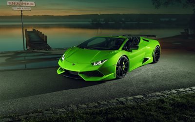 Lamborghini Huracan Spyder, sunset, lake, supercars, 2017 cars, green huracan, Lamborghini