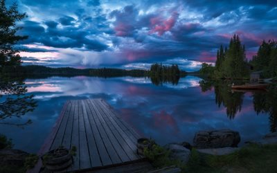 Ringerike, el muelle, la oscuridad, el lago, Noruega