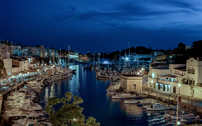 Menorca, ilha, bay, noite, iates, Mar Mediterr&#226;neo, Espanha