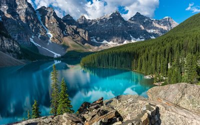 Parco Nazionale di Banff, Lago Moraine, foresta, lago blu, estate, montagna, Canada