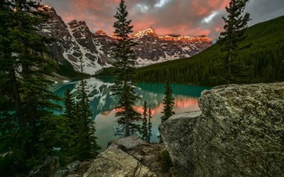 Moiraine lake, sunset, Mountain lake, mountains, forest, Canada, cliffs, Alberta