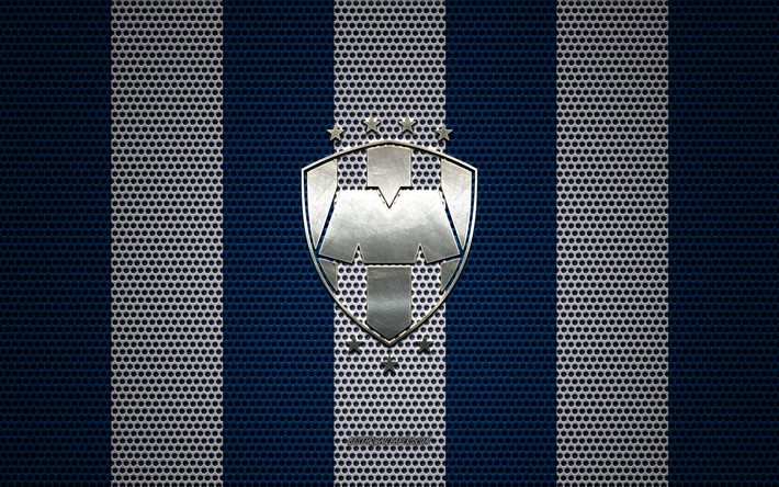  Descargar fondos de pantalla CF Monterrey logotipo, Mexicana de fútbol del club, emblema de metal, azul, blanco, malla de metal de fondo, CF Monterrey de la Liga MX, Monterrey, México, el fútbol