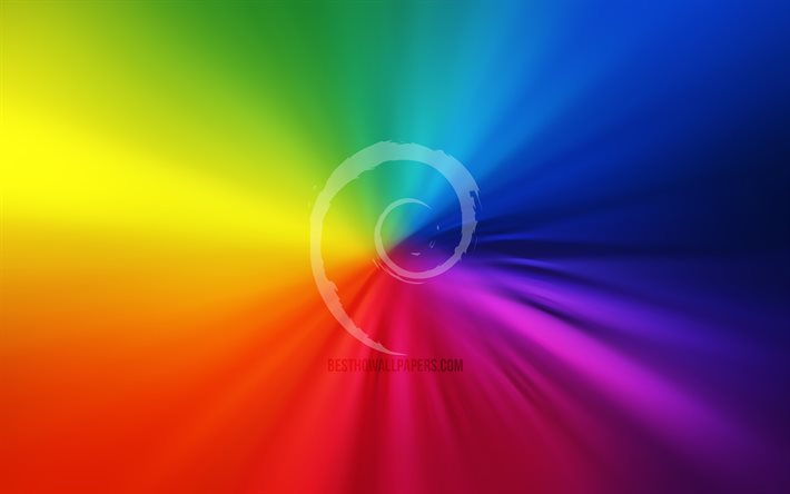 Debianマーク, 4k, 渦, Linux, 虹の背景, 創造, 経営システム, 作品, Debian