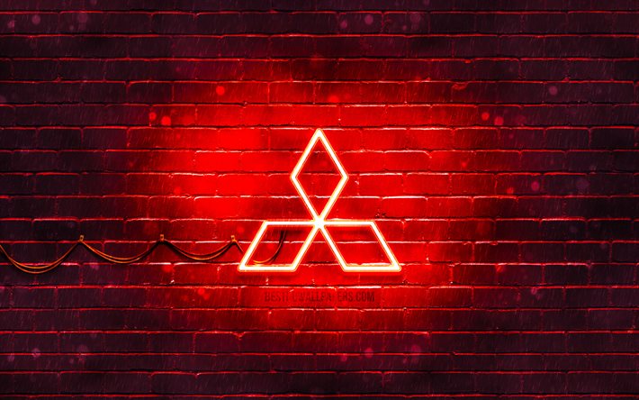 Mitsubishi red logo, 4k, red brickwall, Mitsubishi logo, cars brands, Mitsubishi neon logo, Mitsubishi