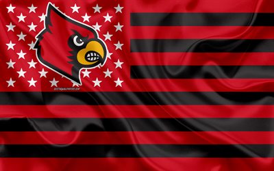 Louisville Cardinals, American football team, creative American flag, red black flag, NCAA, Louisville, Kentucky, USA, Louisville Cardinals logo, emblem, silk flag, American football, University of Louisville