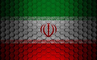 Bandiera dell&#39;Iran, trama di esagoni 3d, Iran, trama 3d, bandiera dell&#39;Iran 3d, trama del metallo, bandiera dell&#39;Iran
