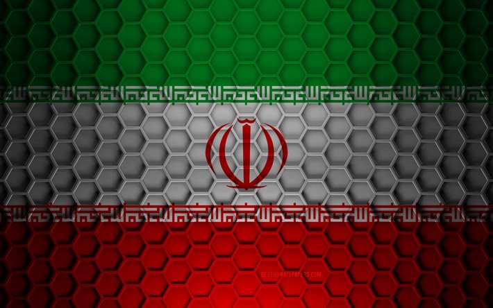 Drapeau de l&#39;Iran, texture des hexagones 3d, Iran, texture 3d, drapeau de l&#39;Iran 3d, texture en m&#233;tal, drapeau de l&#39;Iran