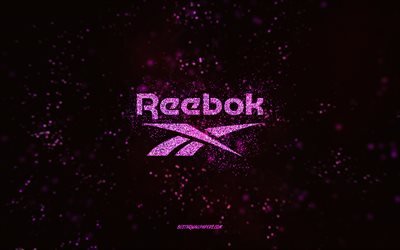 Reebok glitter logotyp, 4k, svart bakgrund, Reebok logotyp, lila glitter konst, Reebok, kreativ konst, Reebok lila glitter logotyp