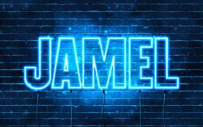 Jamel, 4k, sfondi con nomi, nome Jamel, luci al neon blu, buon compleanno Jamel, nomi maschili arabi popolari, foto con nome Jamel