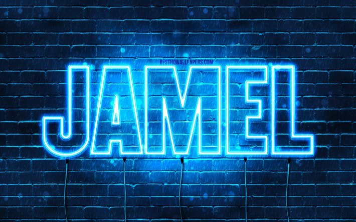 Jamel, 4k, bakgrundsbilder med namn, Jamel-namn, bl&#229; neonljus, Grattis p&#229; f&#246;delsedagen Jamel, popul&#228;ra arabiska manliga namn, bild med Jamel-namn