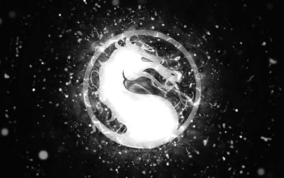 Mortal Kombat beyaz logo, 4k, beyaz neon ışıkları, yaratıcı, siyah soyut arka plan, Mortal Kombat logo, online oyunlar, Mortal Kombat