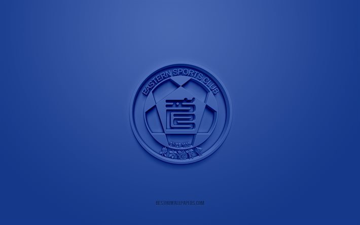 Eastern AA, creative 3D logo, blue background, Hong Kong Premier League, 3d emblem, Hong Kong Football Club, Hong Kong, 3d art, football, Eastern AA 3d logo