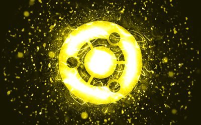 Ubuntuの黄色のロゴ, 4k, 黄色のネオンライト, Linux, creative クリエイティブ, 黄色の抽象的な背景, Ubuntuのロゴ, OS, ubuntu