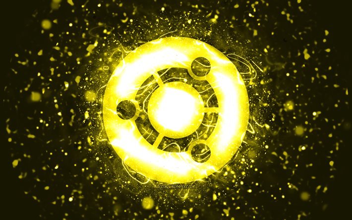 Logotipo amarelo do Ubuntu, 4k, luzes de n&#233;on amarelas, Linux, criativo, fundo abstrato amarelo, logotipo do Ubuntu, sistema operacional, Ubuntu