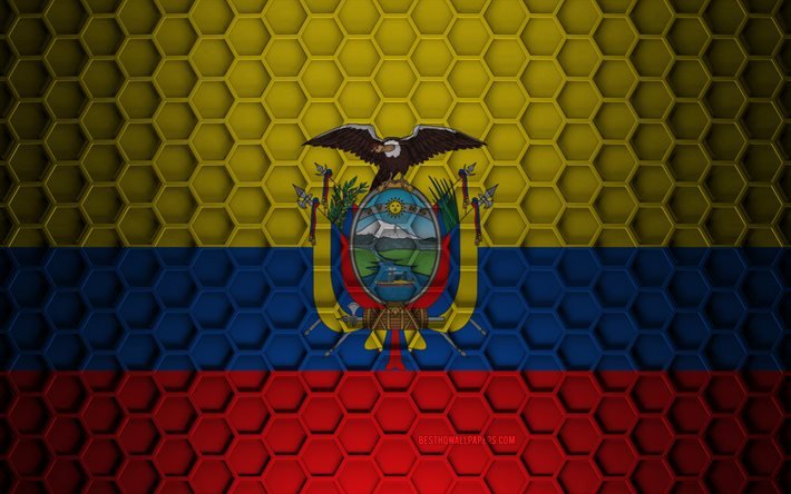 Ecuador flag, 3d hexagons texture, Ecuador, 3d texture, Ecuador 3d flag, metal texture, flag of Ecuador