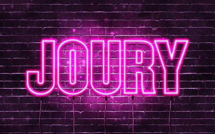 Joury, 4k, pap&#233;is de parede com nomes, nomes femininos, nome Joury, luzes de n&#233;on roxas, Happy Birthday Joury, nomes femininos &#225;rabes populares, imagem com o nome Joury