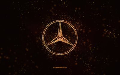 Mercedes-Benz parıltılı logo, 4k, siyah arka plan, Mercedes-Benz logosu, turuncu parıltılı sanat, Mercedes-Benz, yaratıcı sanat, Mercedes-Benz turuncu parıltılı logo, Mercedes logosu