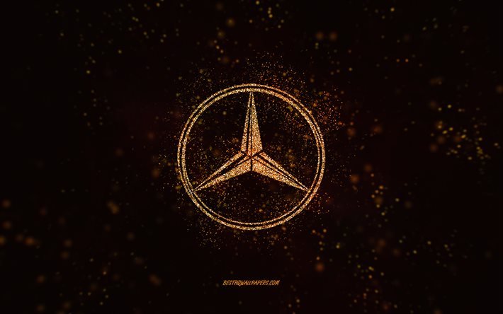 Logotipo com glitter da Mercedes-Benz, 4k, fundo preto, logotipo da Mercedes-Benz, arte com glitter laranja, Mercedes-Benz, arte criativa, logotipo com glitter laranja da Mercedes-Benz, logotipo da Mercedes