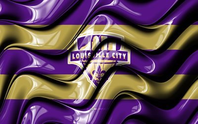 Louisville City FC-flagga, 4k, violetta och bruna 3D-v&#229;gor, USL, amerikansk fotbollslag, Louisville City FC-logotyp, fotboll, Louisville City FC