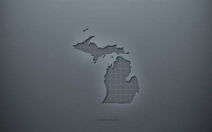 Mappa del Michigan, sfondo grigio creativo, Michigan, USA, texture di carta grigia, stati americani, sagoma mappa del Michigan, mappa del Michigan, sfondo grigio, mappa 3d del Michigan