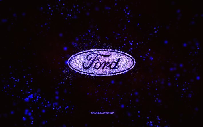 Ford parıltılı logo, 4k, siyah arka plan, Ford logosu, mor parıltılı sanat, Ford, yaratıcı sanat, Ford mor parıltılı logo