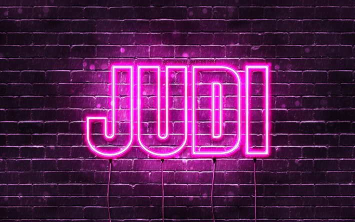 Judi, 4k, pap&#233;is de parede com nomes, nomes femininos, nome Judi, luzes de n&#233;on roxas, Feliz Anivers&#225;rio Judi, nomes femininos &#225;rabes populares, imagem com o nome Judi