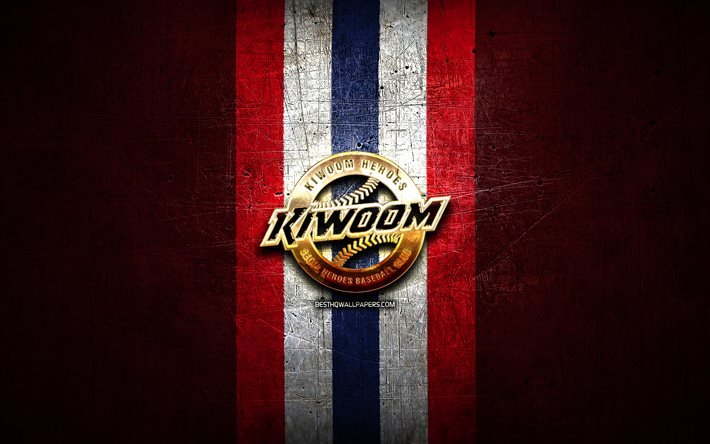 kiwoom heroes, goldenes logo, kbo, roter metallhintergrund, s&#252;dkoreanisches baseballteam, kiwoom heroes-logo, baseball, s&#252;dkorea