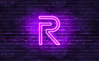 Logo Realme viola, 4k, muro di mattoni viola, logo Realme, marchi, logo Realme neon, Realme