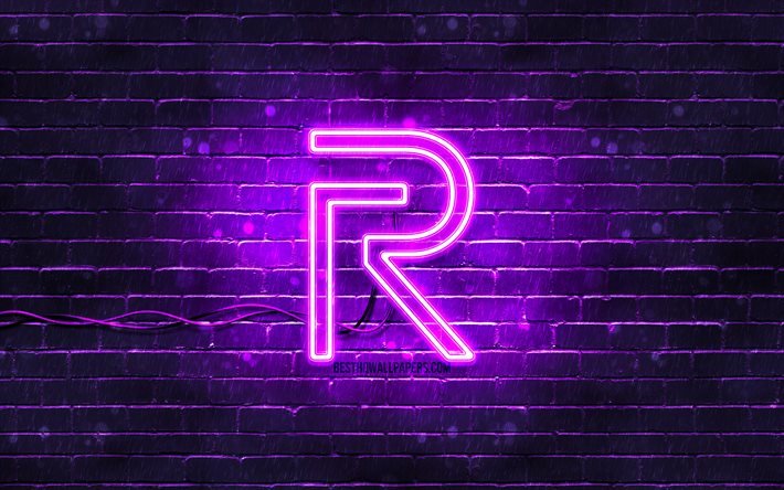 Realme menekşe logosu, 4k, menekşe brickwall, Realme logosu, markalar, Realme neon logosu, Realme