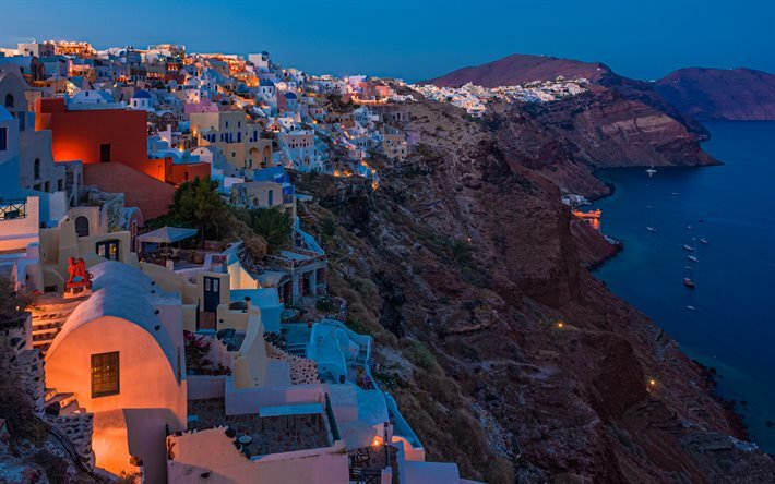 Santorini, Egeanmeri, ilta, auringonlasku, Oia, Egeanmeren rannikko, meri, Kreikka